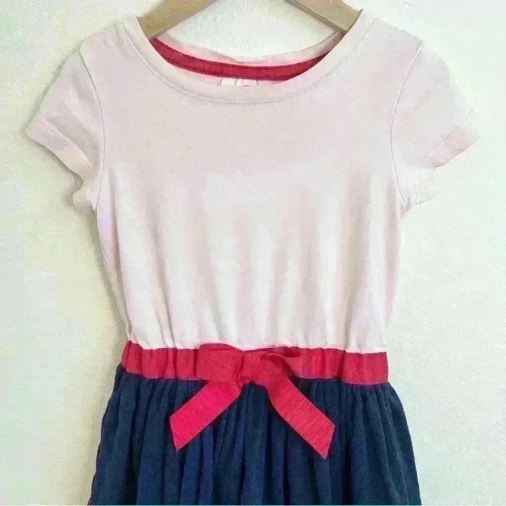 Hanna Andersson Girls Pink Red Navy Blue With Bow Dress Size 90 (US 3) - Picture 2 of 10